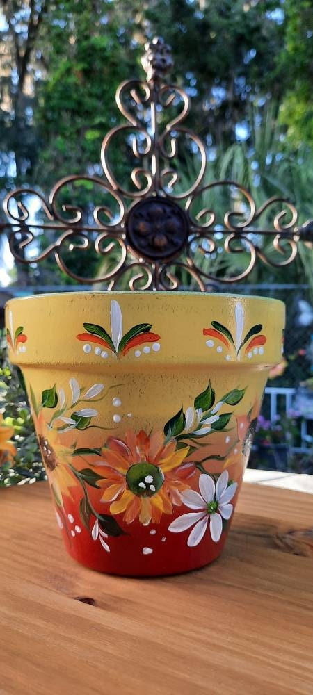 Terracotta Bumblebee, 6 inch Pot Sunflowers, Handpainted, Homemade, Unique, Outdoor Decor, Beautiful Floral Design, Great Gift, Mother's Day