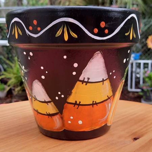 Terracotta Clay Candycorn, 6 inch Pot Fall Pumpkin Design, Handpainted, Homemade, Unique, Outdoor Decor,  Design, Great Gift, Mother's Day