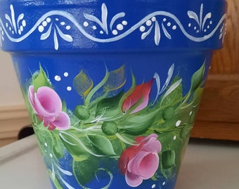 Beautiful Roses, Handpainted, Clay 6" Terracotta Pot, Handmade Outdoor Art, Garden Decor,  Perfect Present, Great Mother's Day Gift, Unique