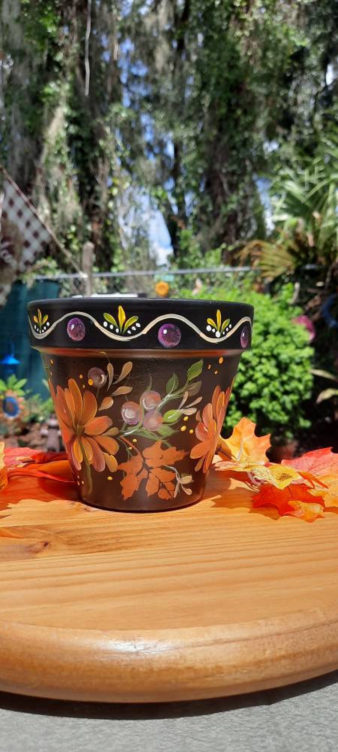 Terracotta Fall Mums and Leaves, 6 Inch Pot, Handpainted, Homemade