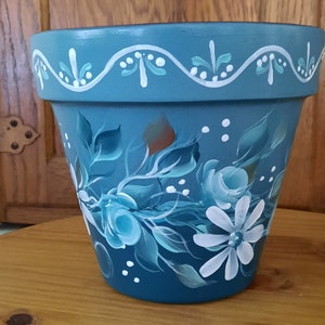 Turquoise Roses, Handpainted, Clay 8&quot; Terracotta Pot, Handmade Outdoor Art, Garden Decor,  Perfect Present, Great Mother&#39;s Day Gift, Unique