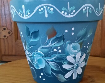 Turquoise Roses, Handpainted, Clay 8" Terracotta Pot, Handmade Outdoor Art, Garden Decor,  Perfect Present, Great Mother's Day Gift, Unique