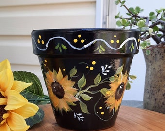 Terracotta 6" Flower Pot Sunflowers, Handpainted, Homemade, Unique,  Outdoor Decor, Beautiful Floral Design,  Great Gift, Mother's Day