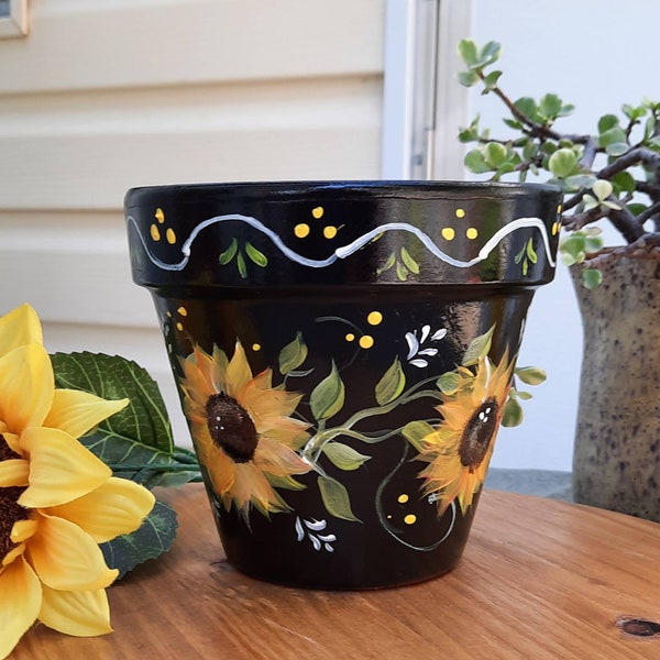 Terracotta 6" Flower Pot Sunflowers, Handpainted, Homemade, Unique,  Outdoor Decor, Beautiful Floral Design,  Great Gift, Mother's Day