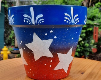 6" Terracotta Pot-Red White and Blue, Star, Patriotic, Americana, Homemade,  Unique, Handpainted,  Outdoor or Indoor Decor, Garden Art