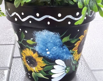 Sunflower & daisies 6&quot; clay flower pot, Outdoor Art, Painted Pot, Floral Decor, Onestroke Design,  Garden Art, Unique, Perfect Present, Gift