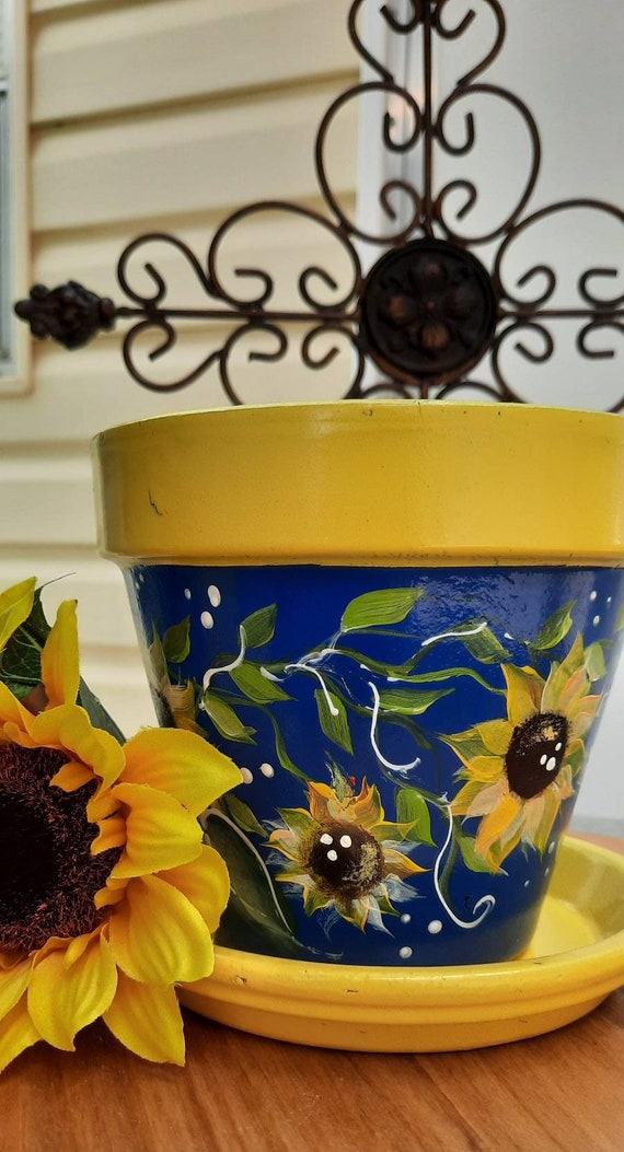 Beautiful Terracotta Clay Pot Sunflowers 8 Handpainted Etsy