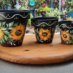 Terracotta clay Pot set, 6" 4.5" & 3.5" Sunflowers, Handpainted, Homemade, Outdoor Decor, Beautiful Floral Design,  Great Gift, Mother's Day