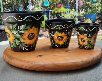 Terracotta clay Pot set, 6" 4.5" & 3.5" Sunflowers, Handpainted, Homemade, Outdoor Decor, Beautiful Floral Design,  Great Gift, Mother's Day