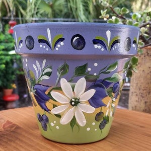 Terracotta 8&quot; Flower Pot Lavender & Daisy, Handpainted, Homemade, Unique,  Outdoor Decor, Beautiful Floral Design,  Great Gift, Mother&#39;s Day