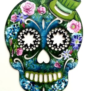 Sugar Skull Wood Sign Unique Hand Painted Fun Beautiful and Bright. Whimsical Halloween Day of the Dead