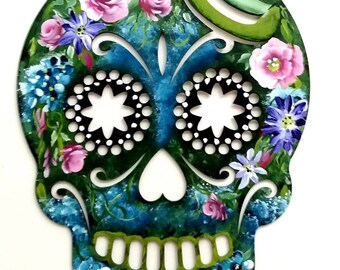 Sugar Skull Wood Sign Unique Hand Painted Fun Beautiful and Bright. Whimsical Halloween Day of the Dead