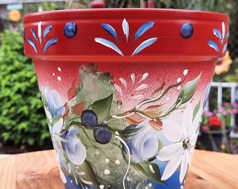 6" Terracotta Clay Pot-Red White and Blue, Patriotic, Americana, Homemade,  Unique, Handpainted,  Outdoor or Indoor Decor, Garden Art