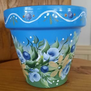 Terracotta 6&quot; Flower Blue Green Design, Handpainted, Homemade, Unique,  Outdoor Decor, Beautiful Floral Design,  Great Gift, Mother&#39;s Day