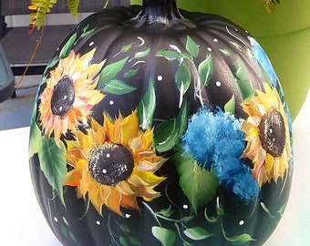 9 inch Beautiful Black Hand Painted Sunflower Fall Pumpkin