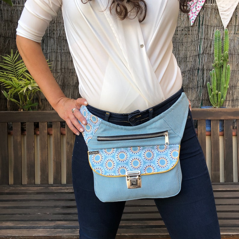 6234 Elegant Bandolier Fanny Pack Comfortable Practical Bag Design: Special Sky Blue Mandalas One of A Kind\u201d Unique Piece Num
