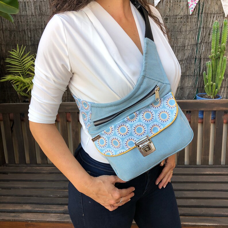 6234 Elegant Bandolier Fanny Pack Comfortable Practical Bag Design: Special Sky Blue Mandalas One of A Kind\u201d Unique Piece Num