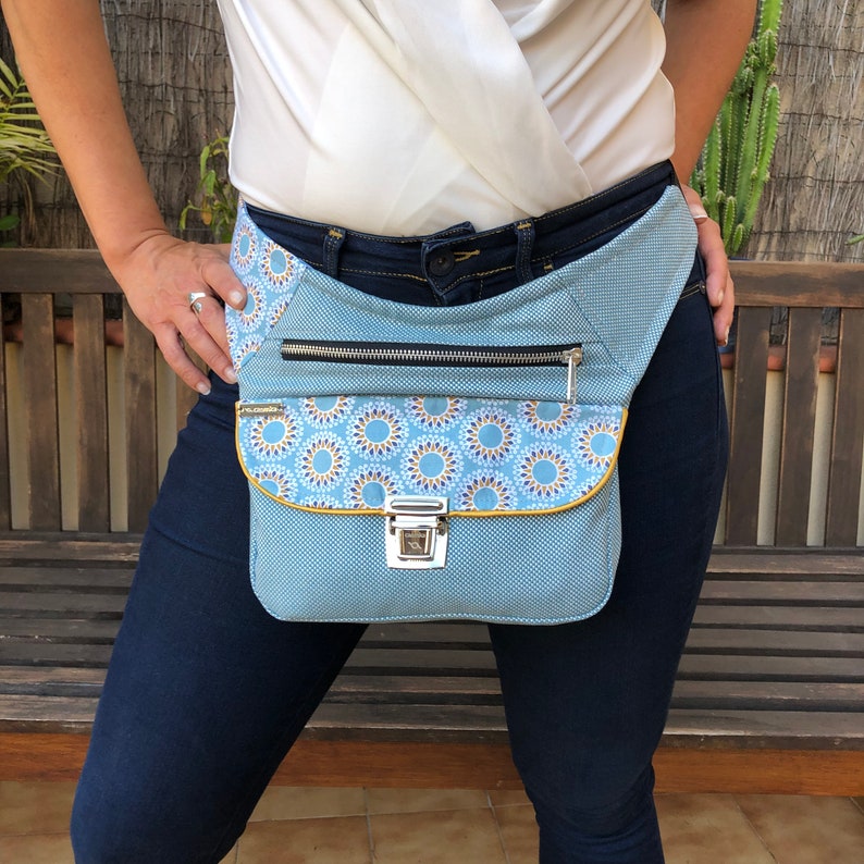 6234 Elegant Bandolier Fanny Pack Comfortable Practical Bag Design: Special Sky Blue Mandalas One of A Kind\u201d Unique Piece Num