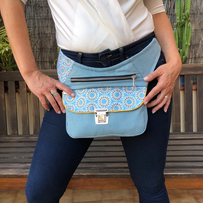 6234 Elegant Bandolier Fanny Pack Comfortable Practical Bag Design: Special Sky Blue Mandalas One of A Kind\u201d Unique Piece Num