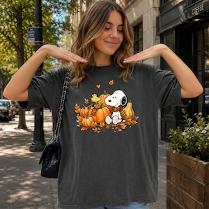 May include: A charcoal gray short-sleeve t-shirt featuring a graphic print of Snoopy and Woodstock sitting among orange pumpkins and autumn leaves. Both characters wear plaid scarves, with a small heart and leaf icon above them.