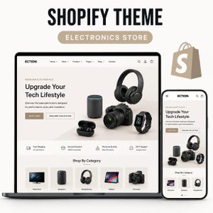 Puede incluir: Un tema de Shopify para una tienda de electrónica mostrado en una pantalla de portátil y smartphone. El sitio web presenta el texto Upgrade Your Tech Lifestyle, un menú de navegación e imágenes de productos como auriculares, una cámara y un reloj inteligente.