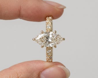 Marquise Moissanite Diamond Ring, 14K Yellow Gold With XRF Report, Vintage Engagement Ring With Milgrain Details