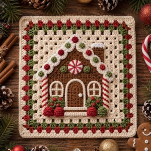 Könnte beinhalten: Ein quadratisches Häkelquadrat mit einem braunen Lebkuchenhaus-Motiv, einem weißen Dach, roten und grünen Akzenten und einem Zuckerstangen-Türrahmen. Der Rand besteht aus abwechselnden cremefarbenen, roten und grünen Maschen im klassischen Muster.