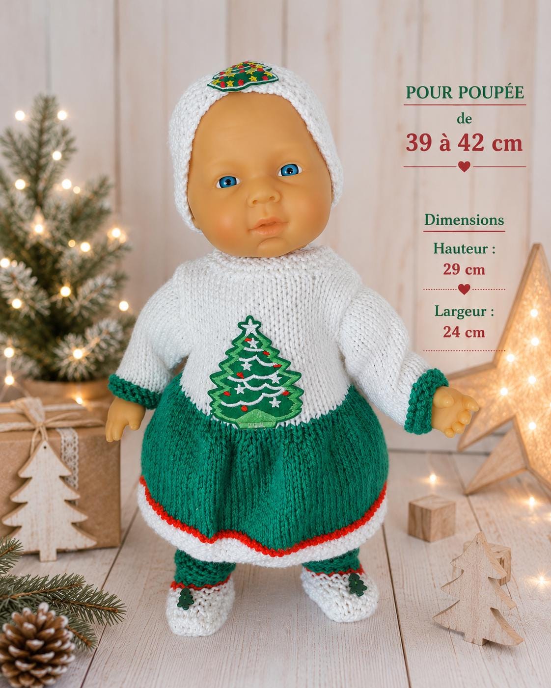 Knitted Christmas outfit for a 39-42 cm doll – Christmas tree – Handmade