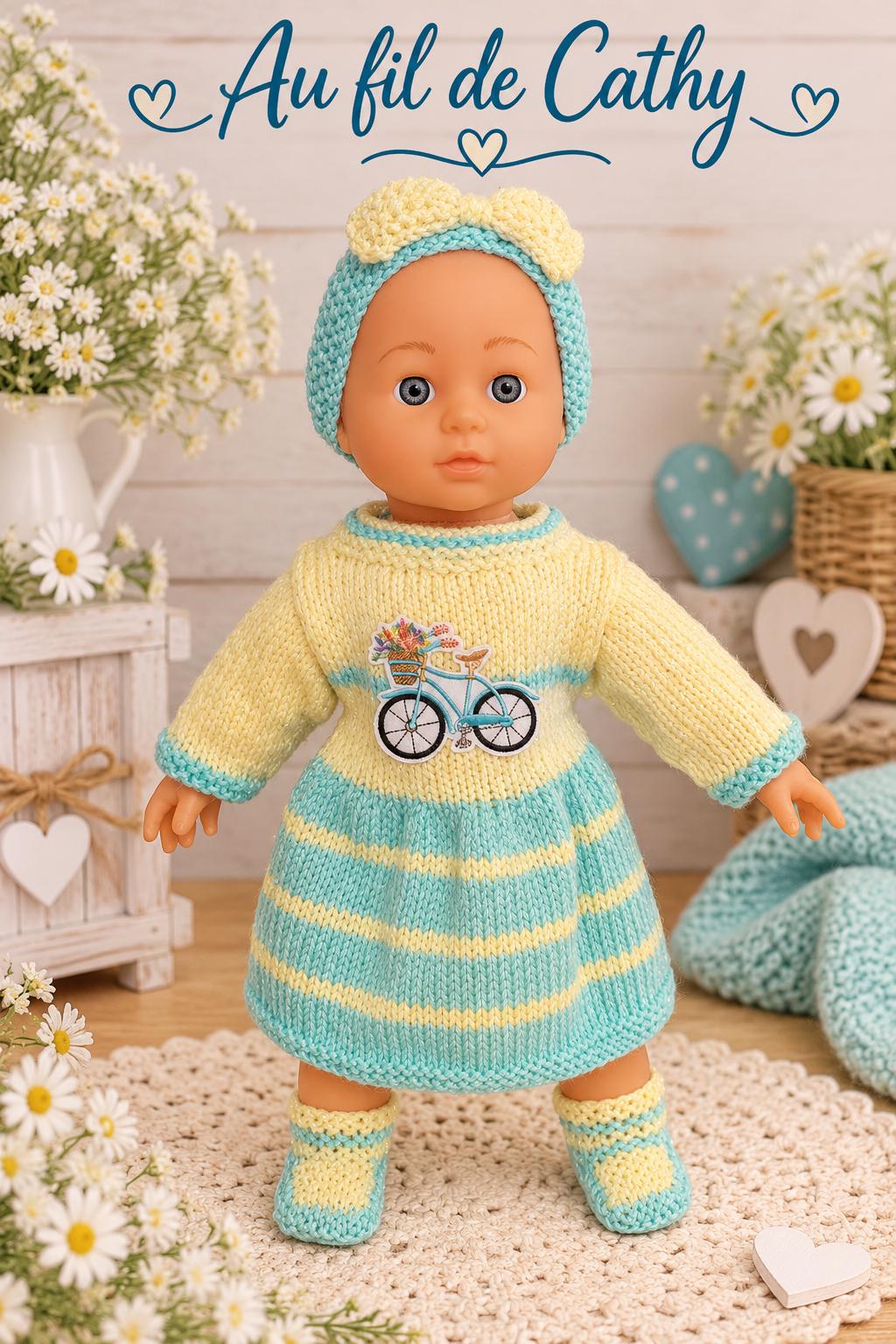 Yellow and turquoise knitted doll outfit with dress, headband and booties
