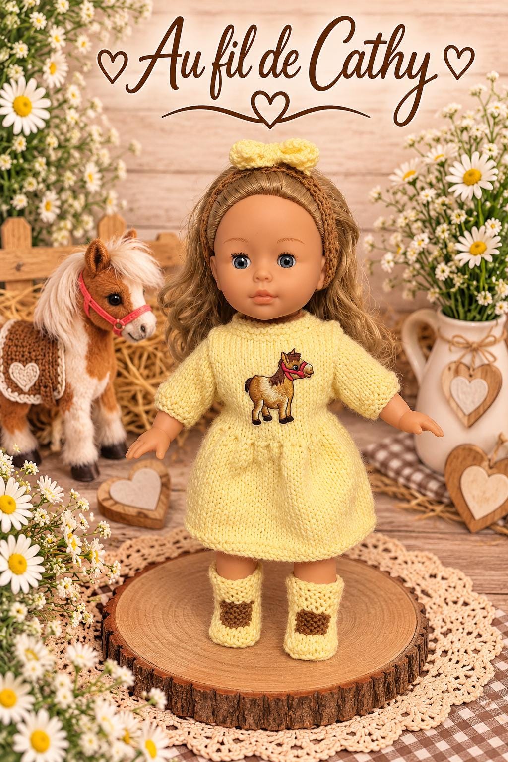 30cm doll outfit, yellow knit with pony pattern