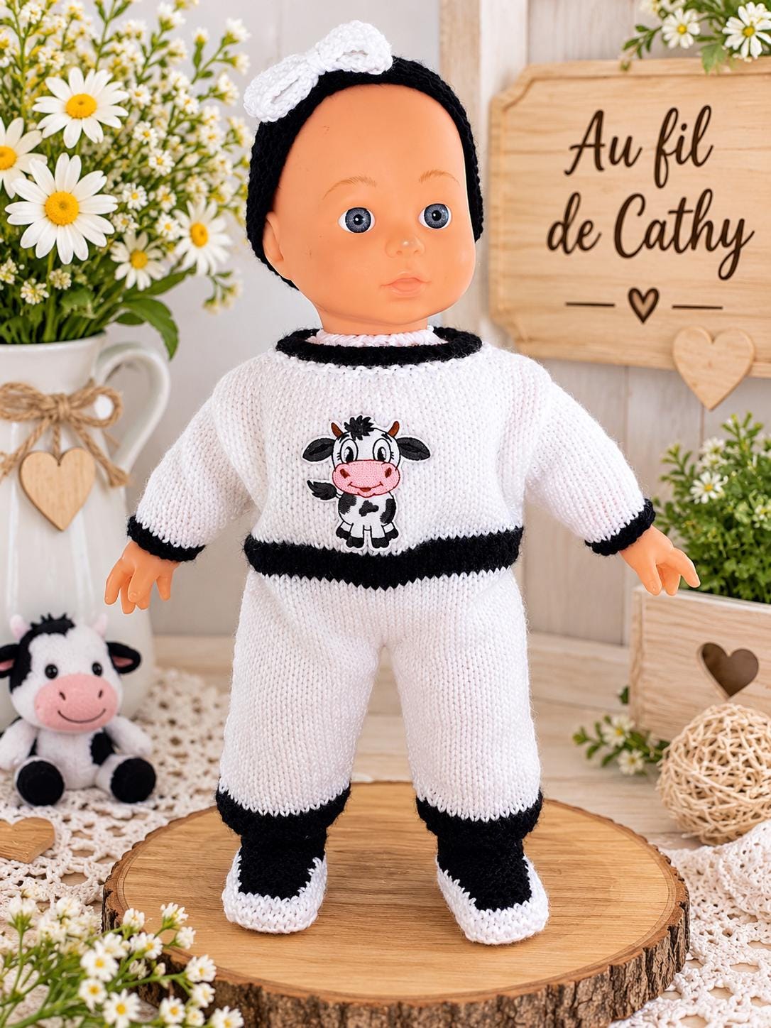 Black and white cow print romper, 39 to 42 cm