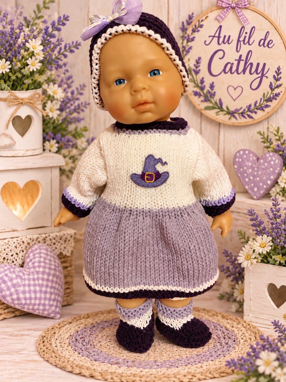 Outfit for a 39-42 cm doll, knitted in lavender and ecru – dress, headband and booties