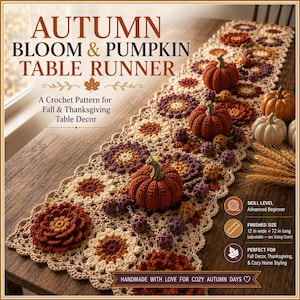 Peut inclure: Un chemin de table au crochet avec un motif de fleurs et de citrouilles dans des tons orange, marron et crème. Le texte indique AUTUMN BLOOM & PUMPKIN TABLE RUNNER, A Crochet Pattern for Fall & Thanksgiving Table Decor, Skill Level Advanced Beginner, Finished Size 30,48 cm de large x 182,88 cm de long.
