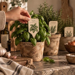 May include: Three potted herbs including basil, rosemary, and thyme in weathered terracotta pots. Each plant features a cream-colored botanical label with the plant name and scientific name. Garlic cloves, olive oil, and a striped cloth are nearby.