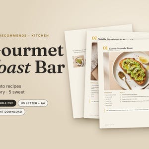 Gourmet Toast Bar Recipes pdf - what is inside (14 pages, printable PDF, in two paper sizes: US Letter and A4
