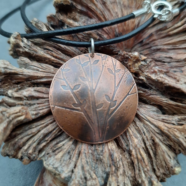 Handmade Artisan Acid Etched Copper Sterling Silver Leather Cord Coin Round Pendant (various patterns) Necklace Unique New Antiqued Neckwear