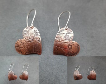Handmade Heart Shaped Acid Etched Copper & Silver Earrings (various patterns) Mixed Metal Dangle Drop Domed Antiqued
