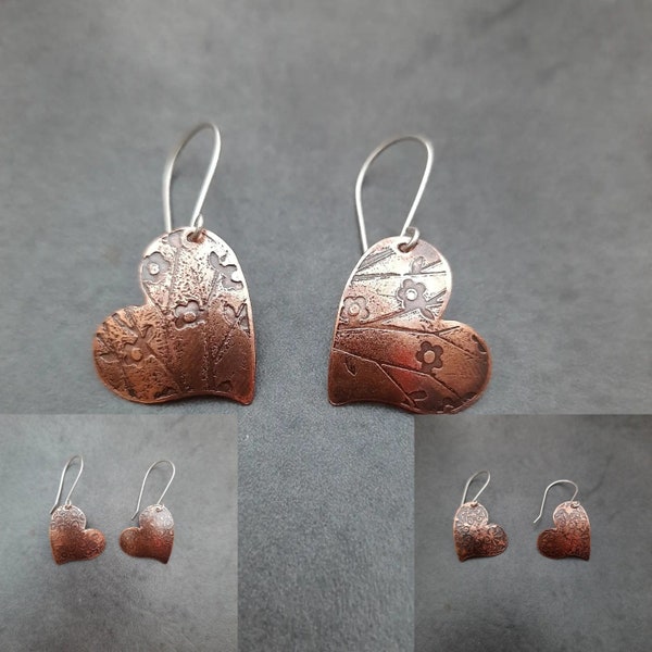 Handmade Heart Shaped Acid Etched Copper & Silver Earrings (various patterns) Mixed Metal Dangle Drop Domed Antiqued