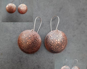 Handmade Acid Etched Copper & Sterling Silver Round Coin  Dangle Drop Earrings (various patterns) Mixed Metal Artisan Unique Large Statement