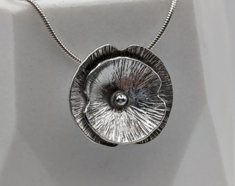 Handmade Textured Sterling Silver Poppy Pendant with Snake Chain Flower Nature Necklace Floral Ideal for Nature Lover or Gardener Botanical