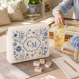 Może przedstawiać: Biały, pikowany piórnik z zamkiem błyskawicznym, ozdobiony niebieskim wzorem kwiatowym, ilustracjami płytek Mahjong oraz monogramem CM umieszczonym w ozdobnej ramce. Prostokątne etui posiada srebrny metalowy zamek na górnej krawędzi.