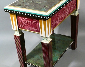 G ||  Double-Top End Table w-Shelf/Long Skirt | Hand-Painted | 24x14x24H | As Shown or Custom Colors