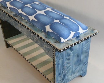 G ||  Bench w-Shelf | Upholstered - Hand-Painted | 36x13x18H | As Shown if Available or Custom Colors/Fabric