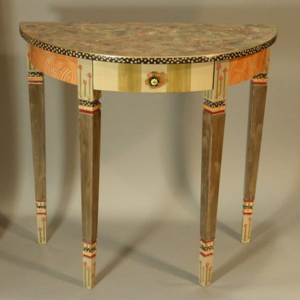 G ||  Demi-Lune Hall Table w-Drawer | Carved Legs - Hand-Painted | 32x16x31H | As Shown or Custom Colors