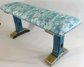 S ||  One-of-a-Kind Long Bench w-Handpainted Trestle style Legs | Upholstered | Only 1 available