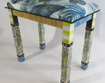 G || Handpainted Upholstered Carved Leg Vanity-Bench with Dentil-trim | As shown or custom fabric