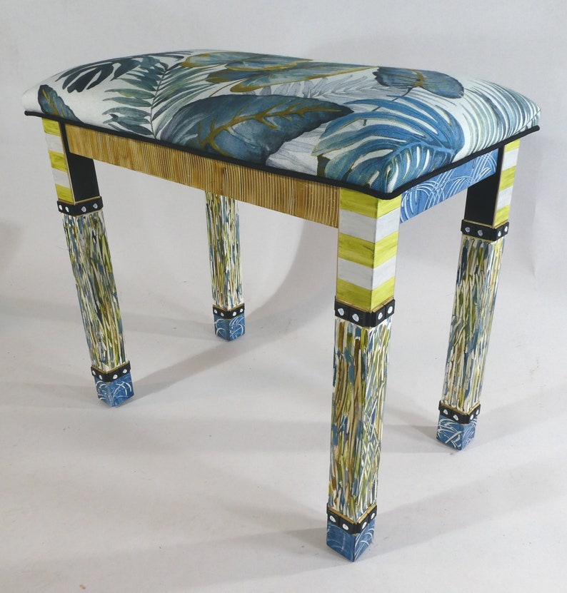 G Handpainted Upholstered Carved Leg Vanity-Bench with Dentil-trim As shown or custom fabric image 1