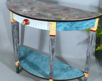 G ||  Demi-Lune Console Table w-Shelf-Drawer | Hand-Painted | 43x16x33H | As Shown or Custom Colors