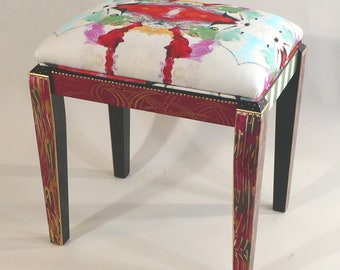 S || Hand Painted Upholstered Vanity Stool/Bench - As shown or Other fabric - Custom Made-to-Order