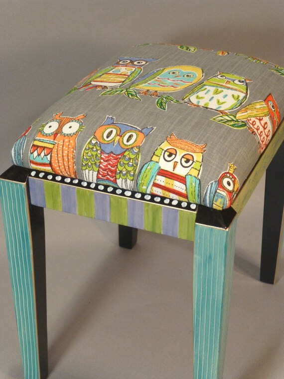 Handpainted Upholstered Vanity Stool Owl Fabric Grey Etsy